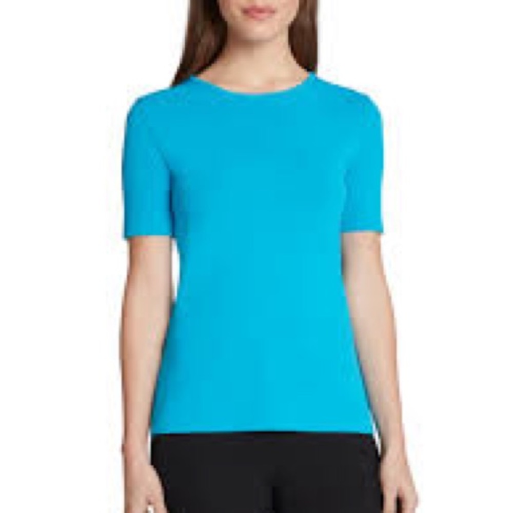 Womens Blue Textured Short Sleeve Crew Neck Top